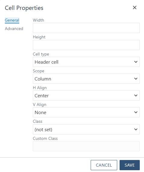 Cell properties with Cell Type as "Header Cell" and Scope as "Column"