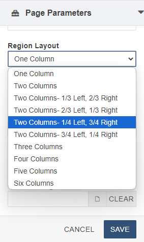 Region Layout dropdown with Two Columns - 1/4 Left, 3/4 Right selected