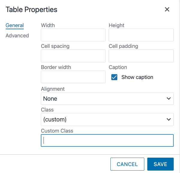 table properties dialog box